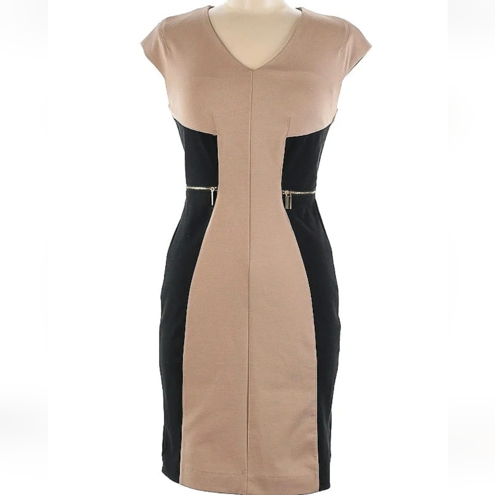 NWT New York & Company Colorblock Tan Black Sheath Dress V-Neck Medium